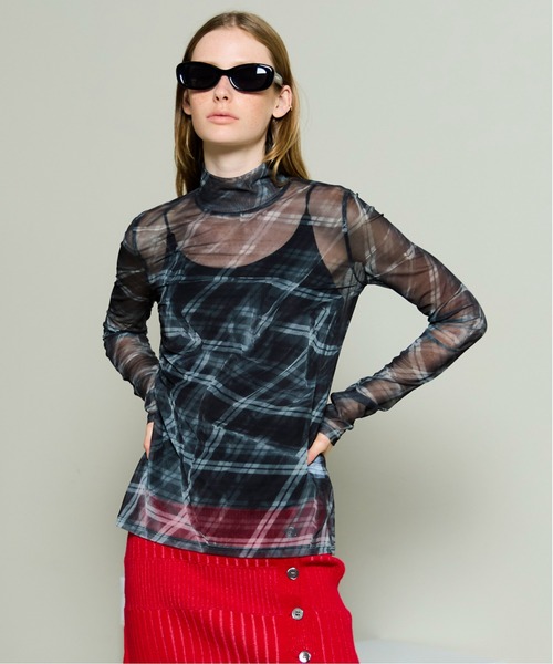 MAISON SPECIAL(メゾンスペシャル)の「Plaid Mesh Tops/チェックメッシュトップス(Tシャツ/カットソー・レディース・オフホワイト/ブルー/ブラック・FREE)」の3枚目の写真