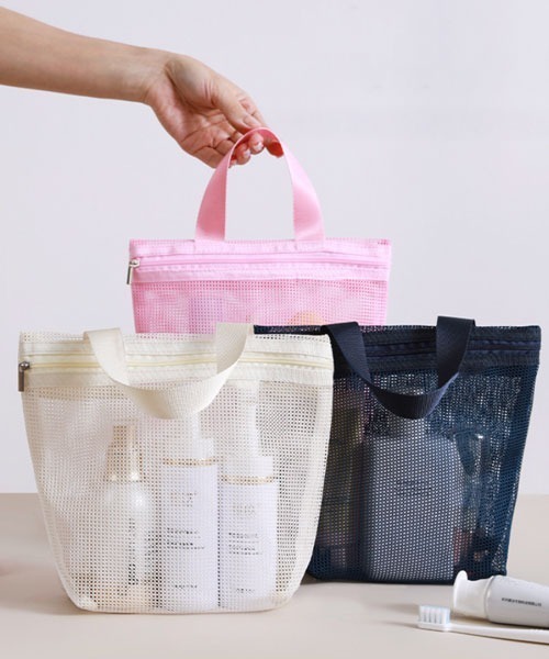 Pochi Pouch（ポチポーチ）の「Pochi Pouch/トラベル シースルー メッシュ ジップ スパバッグ（エコバッグ/サブバッグ・レディース・ネイビー/オフホワイト/ピンク・FREE）」の4枚目の写真