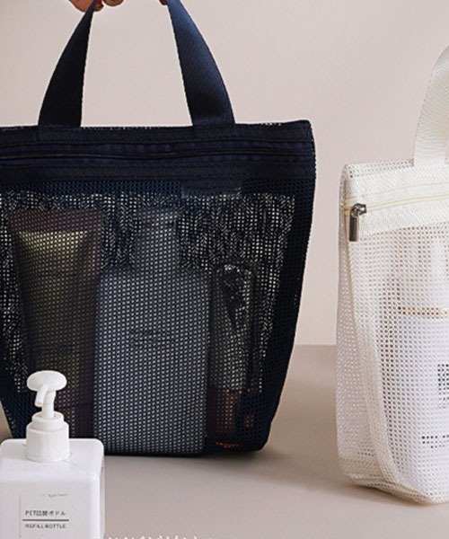 Pochi Pouch（ポチポーチ）の「Pochi Pouch/トラベル シースルー メッシュ ジップ スパバッグ（エコバッグ/サブバッグ・レディース・ネイビー/オフホワイト/ピンク・FREE）」の9枚目の写真