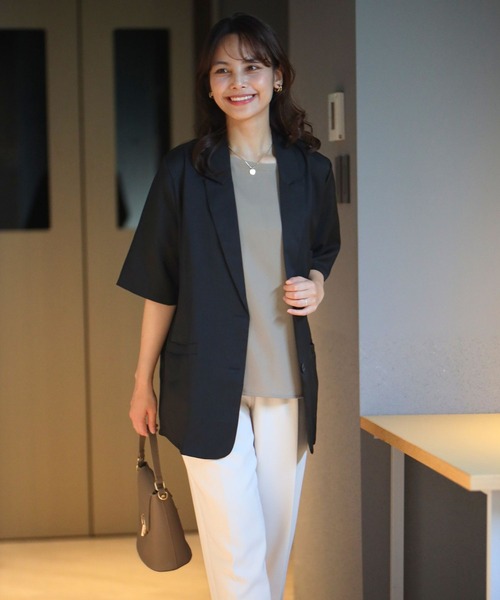 Ehre style(エーレスタイル)の「秋色カラーで涼やか通勤 5分袖ジャケット(テーラードジャケット・レディース・ブラック/ブラウン・FREE)」の11枚目の写真