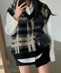 チェック柄Vネックニットベスト