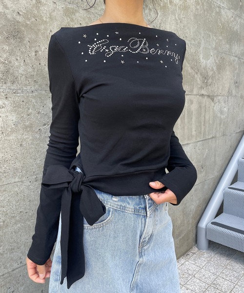 ROGER AND RAW(ロジャーアンドロウ)の「スタッズ&ラインストーンロゴオフショル長袖トップス(Tシャツ/カットソー・レディース・ブラック/カーキ/ホワイト/ブラウン・FREE)」の13枚目の写真