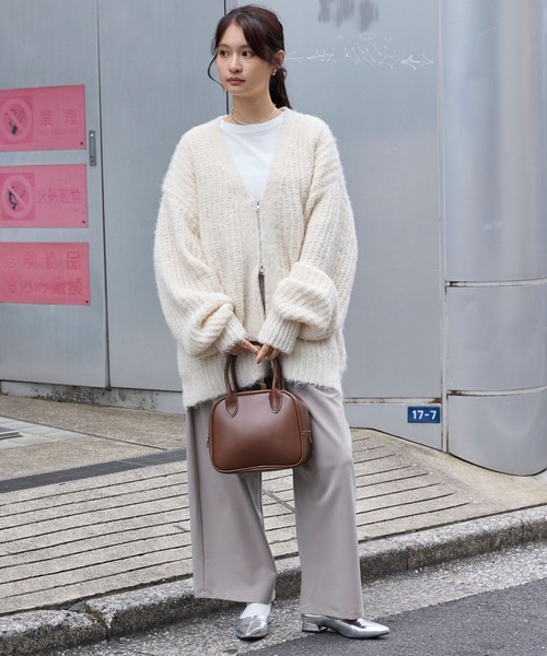 セール】ダブルジップ ボリュームスリーブ 起毛Vネック オーバーサイズ