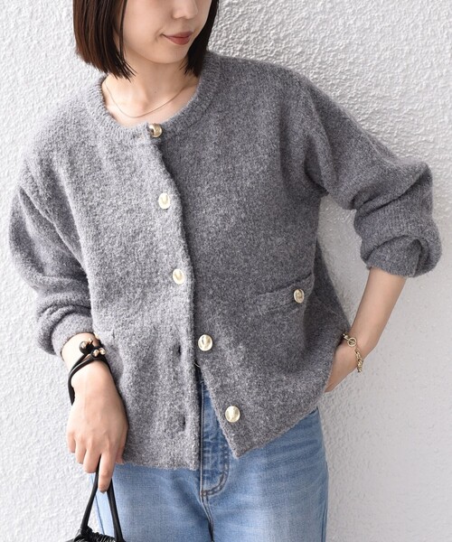 SHIPS Colors(シップス カラーズ)の「SHIPS Colors:〈手洗い可能〉ブークレ ニット ジャケット(カーディガン/ボレロ・レディース・ブラック/オフホワイト/グレー・ONE SIZE)」の11枚目の写真