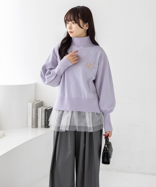 CLEAR BASIC（クリアベーシック）の「ブローチ付きハイネックニットトップス＆チュールキャミセット[大人 フェミニン 上品]≪再入荷≫（ニット/セーター・レディース・ブラック/アイボリー/ブラウン/ラベンダー・F）」の7枚目の写真