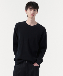 ワッフルリラックスドクルーネック長袖Tシャツ[ブラック]