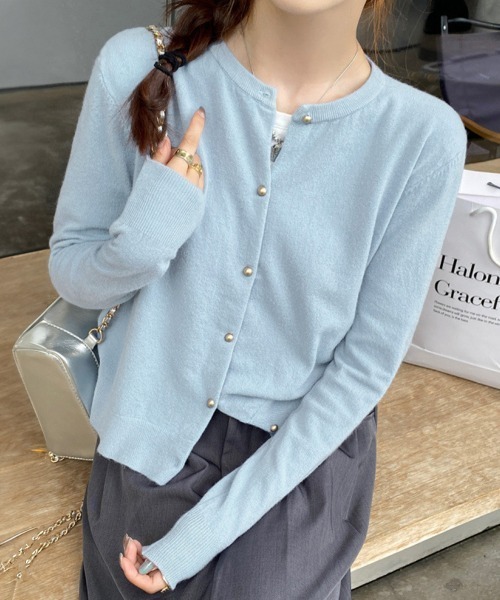 Miniministore(ミニミニストア)の「金ボタンショートニットカーディガン韓国風(カーディガン/ボレロ・レディース・ダークグリーン/ベージュ/グレー/ブラウン/ホワイト/ブラック/アイボリー/ライトブルー・FREE)」の8枚目の写真