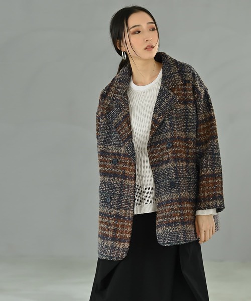 STYLE DELI(スタイルデリ)の「【BLK001】ビックチェック柄ショートコート(ピーコート・レディース・ブラウン・FREE)」の1枚目の写真