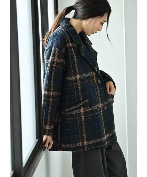 STYLE DELI(スタイルデリ)の「【BLK001】ビックチェック柄ショートコート(ピーコート・レディース・ブラウン・FREE)」の2枚目の写真