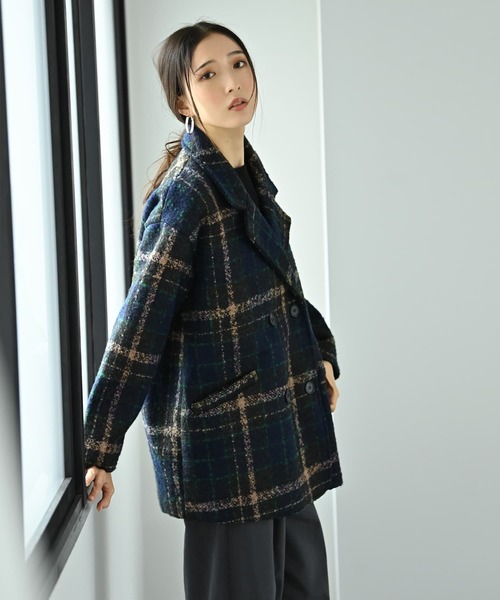 STYLE DELI(スタイルデリ)の「【BLK001】ビックチェック柄ショートコート(ピーコート・レディース・ブラウン・FREE)」の4枚目の写真