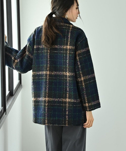 STYLE DELI(スタイルデリ)の「【BLK001】ビックチェック柄ショートコート(ピーコート・レディース・ブラウン・FREE)」の6枚目の写真