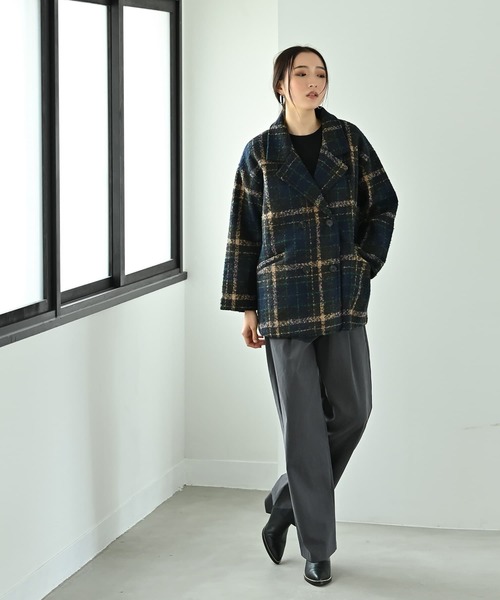 STYLE DELI(スタイルデリ)の「【BLK001】ビックチェック柄ショートコート(ピーコート・レディース・ブラウン・FREE)」の7枚目の写真