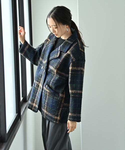 STYLE DELI(スタイルデリ)の「【BLK001】ビックチェック柄ショートコート(ピーコート・レディース・ブラウン・FREE)」の8枚目の写真
