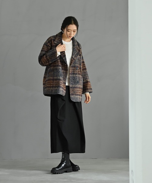 STYLE DELI(スタイルデリ)の「【BLK001】ビックチェック柄ショートコート(ピーコート・レディース・ブラウン・FREE)」の9枚目の写真