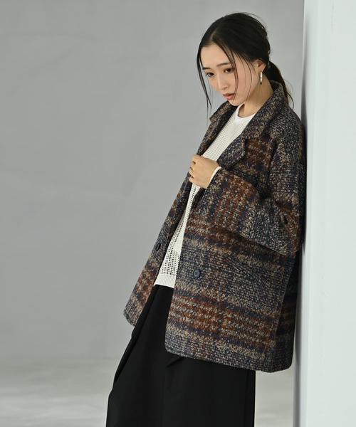 STYLE DELI(スタイルデリ)の「【BLK001】ビックチェック柄ショートコート(ピーコート・レディース・ブラウン・FREE)」の11枚目の写真