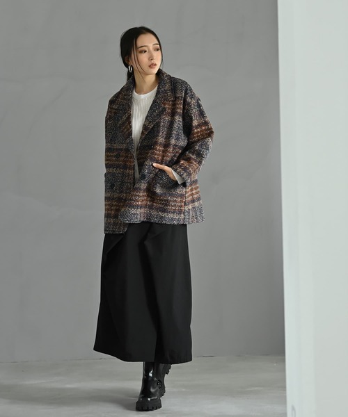 STYLE DELI(スタイルデリ)の「【BLK001】ビックチェック柄ショートコート(ピーコート・レディース・ブラウン・FREE)」の13枚目の写真