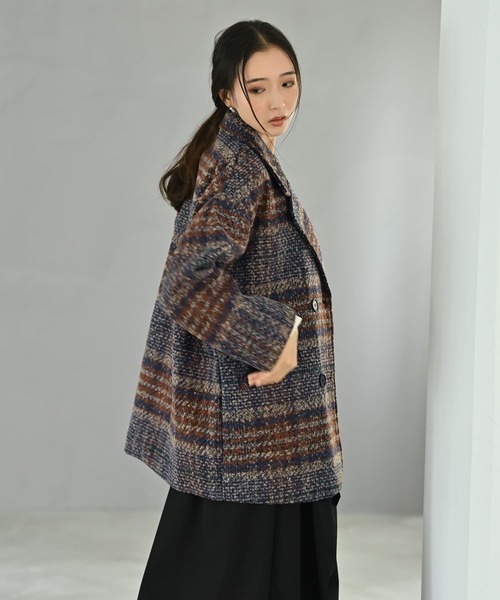 STYLE DELI(スタイルデリ)の「【BLK001】ビックチェック柄ショートコート(ピーコート・レディース・ブラウン・FREE)」の14枚目の写真