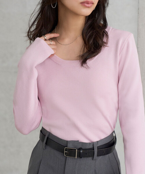 KOBE LETTUCE（コウベレタス）の「深Uネックシンプル長袖ニットトップス（ニット/セーター・レディース・ベージュ/ネイビー/チャコール/ブラウン/ブラック/オフホワイト/ブルー/桜・L/M）」の8枚目の写真