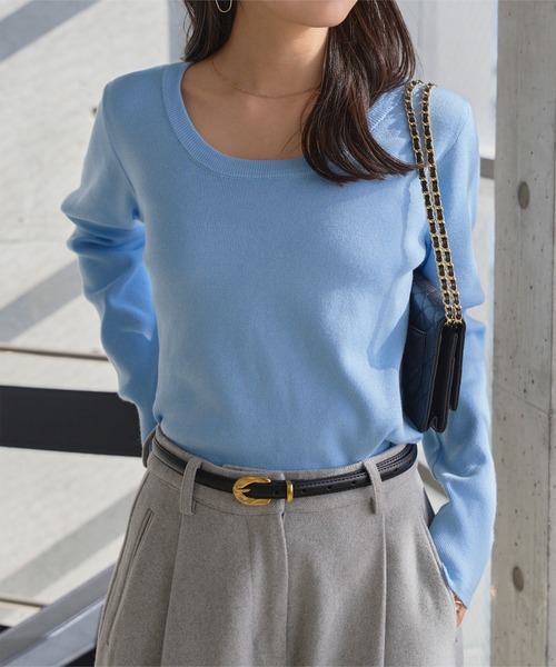 KOBE LETTUCE（コウベレタス）の「深Uネックシンプル長袖ニットトップス（ニット/セーター・レディース・ベージュ/ネイビー/チャコール/ブラウン/ブラック/オフホワイト/ブルー/桜・L/M）」の22枚目の写真