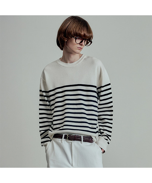 Marin wool cotton stripe пуловер‑оверсайз в белом цвете