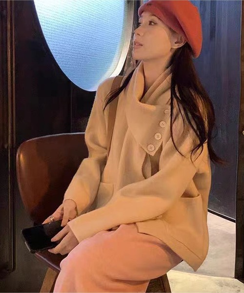 AsheKsha(アシクシャ)の「取り外し可能なスカーフ付きニットトップス:優しい印象を演出(カーディガン/ボレロ・レディース・ベージュ/レッド/ピンク・M)」の5枚目の写真