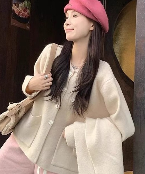 AsheKsha(アシクシャ)の「取り外し可能なスカーフ付きニットトップス:優しい印象を演出(カーディガン/ボレロ・レディース・ベージュ/レッド/ピンク・M)」の8枚目の写真