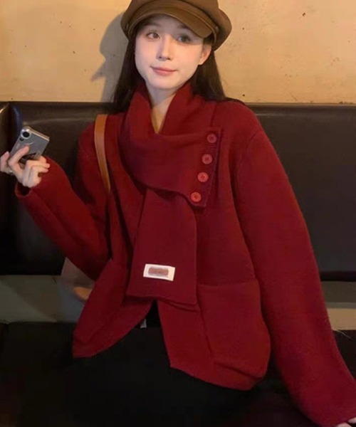 AsheKsha(アシクシャ)の「取り外し可能なスカーフ付きニットトップス:優しい印象を演出(カーディガン/ボレロ・レディース・ベージュ/レッド/ピンク・M)」の17枚目の写真