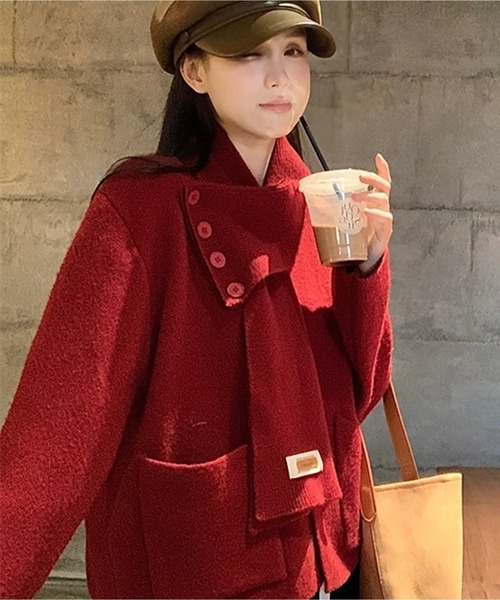 AsheKsha(アシクシャ)の「取り外し可能なスカーフ付きニットトップス:優しい印象を演出(カーディガン/ボレロ・レディース・ベージュ/レッド/ピンク・M)」の18枚目の写真