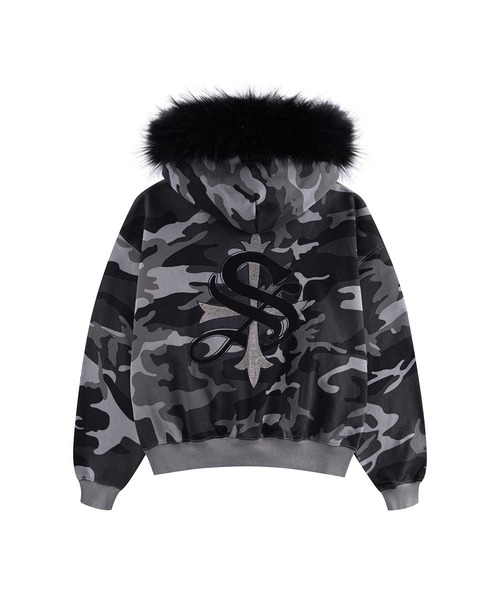 SUPPLIER(サプライヤー)の「ジップフーディ|Camouflage Faux Fur Cross Zip Hoodie|SUPPLIER(パーカー・メンズ・ブラック・SMALL/XX-LARGE/MEDIUM/LARGE/X-LARGE)」の2枚目の写真