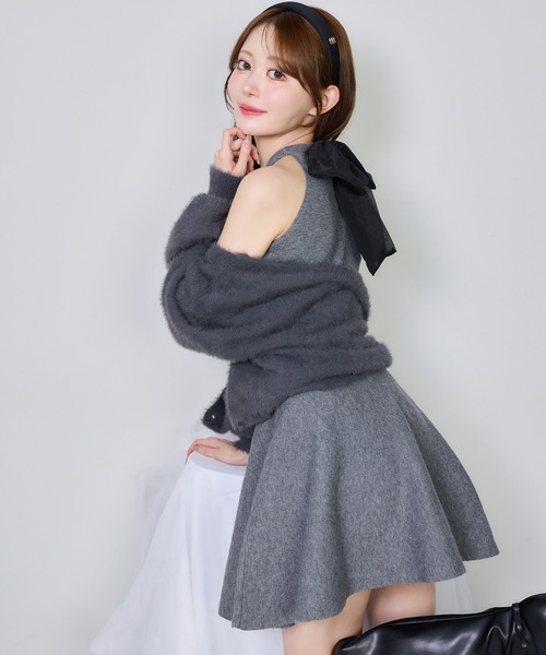 セール】【S/Mサイズ展開】2wayフェザーカーデSET後ろリボンニット