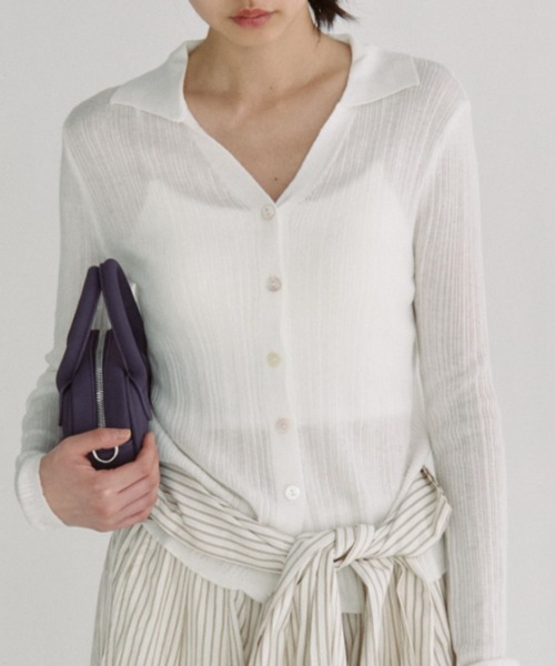 duei（デュイ）の「スキッパーリブシアーニットカーディガン（カーディガン/ボレロ・レディース・ホワイト/イエロー/ネイビー・FREE）」の2枚目の写真