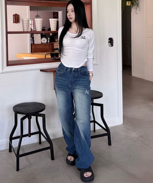 MUCENT(ムセント)の「マヨルカワイドデニム半バンディングウォッシングジーンズ 男女共用 (3カラー)(デニムパンツ・レディース・ライトグレー/ライトブルー/ブラック・SMALL/S/M/L/2XL/XL)」の6枚目の写真