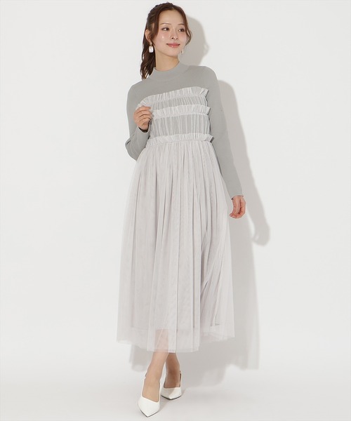 AND COUTURE(アンドクチュール)の「チュールギャザードッキングワンピース(ワンピース・レディース・ブラック/ライトグレー・FREE)」の1枚目の写真