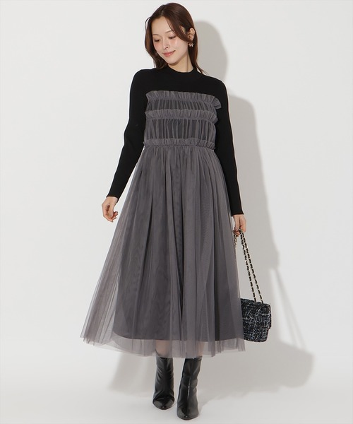 AND COUTURE(アンドクチュール)の「チュールギャザードッキングワンピース(ワンピース・レディース・ブラック/ライトグレー・FREE)」の2枚目の写真