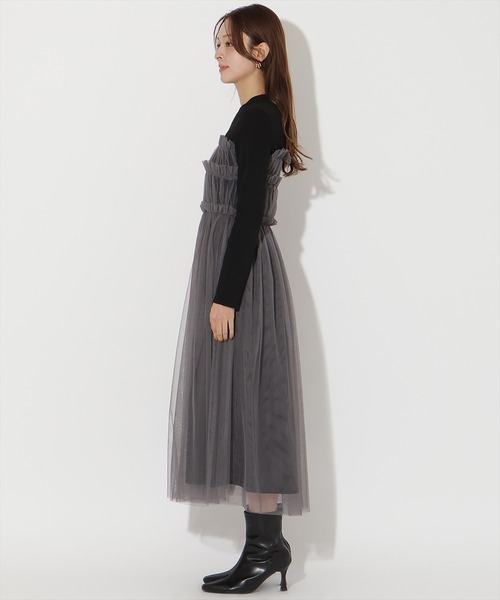 AND COUTURE(アンドクチュール)の「チュールギャザードッキングワンピース(ワンピース・レディース・ブラック/ライトグレー・FREE)」の6枚目の写真