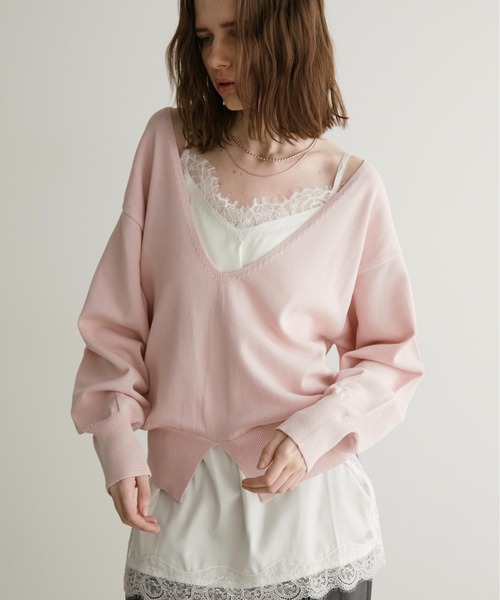 LOSCa（ロスカ）の「深Vネックブラウジングニット（ニット/セーター・レディース・ブラック/グリーン/ピンク・FREE）」の3枚目の写真