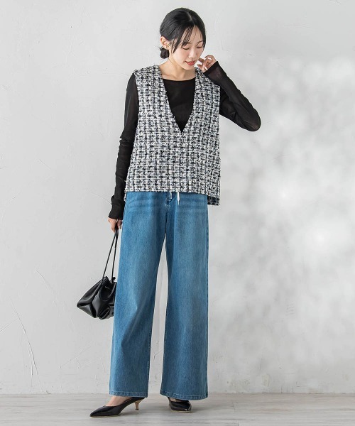 Droite lautreamont(ドロワットロートレアモン)の「ミックスツィードベスト≪洗濯機で洗える≫(ベスト・レディース・ブラック/ピンク・M)」の17枚目の写真