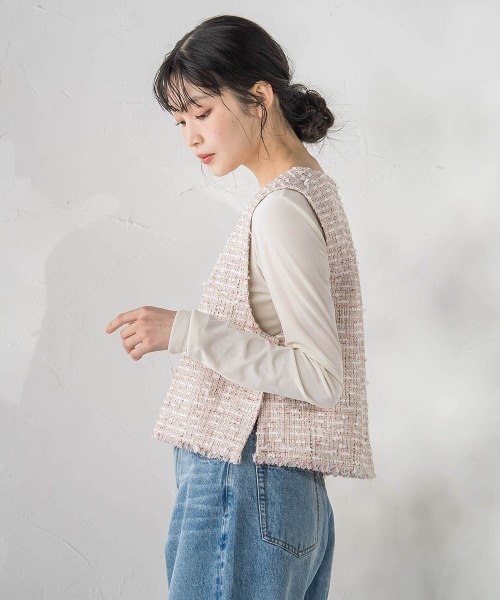 Droite lautreamont(ドロワットロートレアモン)の「ミックスツィードベスト≪洗濯機で洗える≫(ベスト・レディース・ブラック/ピンク・M)」の22枚目の写真