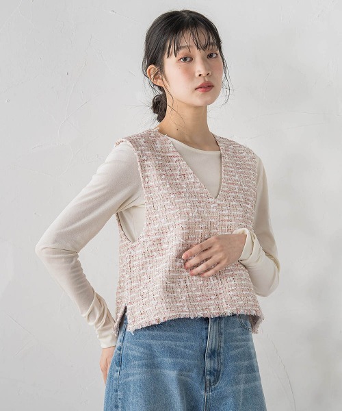 Droite lautreamont(ドロワットロートレアモン)の「ミックスツィードベスト≪洗濯機で洗える≫(ベスト・レディース・ブラック/ピンク・M)」の21枚目の写真