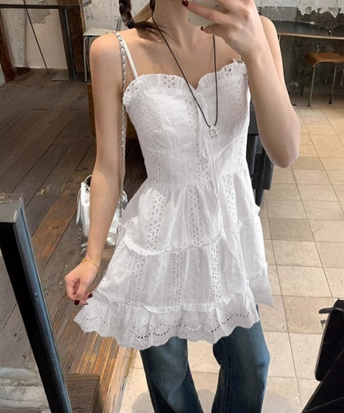 Miniministore(ミニミニストア)の「ティアードミニキャミワンピースエンブロ風(ワンピース・レディース・ホワイト・FREE)」の3枚目の写真