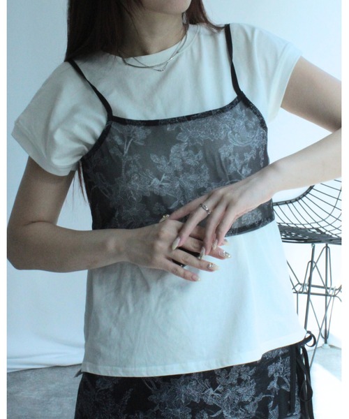 amini(アミニ)の「メッシュボタニカルプリントビスチェ【SET UP可】(キャミソール・レディース・ベージュ/ブラック/ネイビー・MEDIUM)」の1枚目の写真