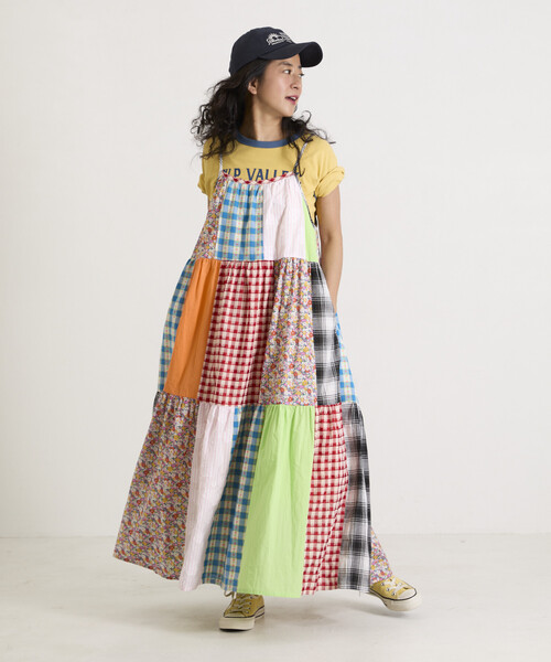 Freada（フリーダ）の「Freada/フリーダ パッチワーク三段ティアードキャミドレス 26SS（ワンピース・レディース・レッド・ONE SIZE）」の7枚目の写真