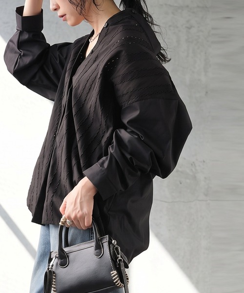 antiqua(アンティカ)の「レース切替 コットン シアー シャツ(シャツ/ブラウス・レディース・ホワイト/ブラック・ONESIZE)」の9枚目の写真