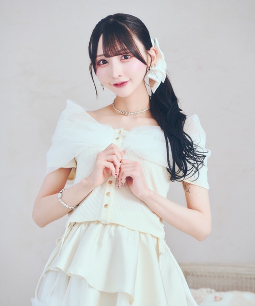 ロゼミューズ　フリル　オフショルトップス　ホワイト チュールオフショルトップス（Tシャツ/カットソー）｜ReAmour