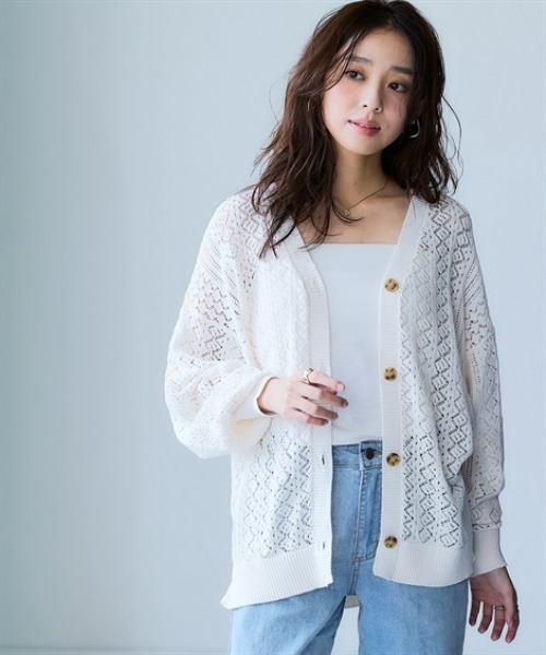 nissen（ニッセン）の「綿１００％透かし編みオーバーサイズゆるカーディガン（カーディガン/ボレロ・レディース・ブラック/グリーン/テラコッタ/アイボリー・S/3L/LL/L/M）」の5枚目の写真