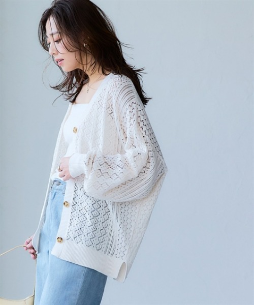 nissen（ニッセン）の「綿１００％透かし編みオーバーサイズゆるカーディガン（カーディガン/ボレロ・レディース・ブラック/グリーン/テラコッタ/アイボリー・S/3L/LL/L/M）」の7枚目の写真