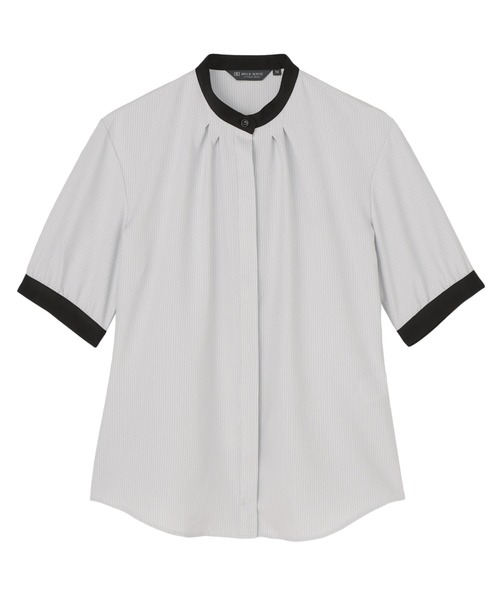 TOKYO SHIRTS(トウキョウシャツ)の「【吸水速乾】【COFREX】配色 ギャザー衿 ブラウス 五分袖 レディースデザインシャツ(シャツ/ブラウス・レディース・グレー・S/M/L/LL/XL)」の1枚目の写真
