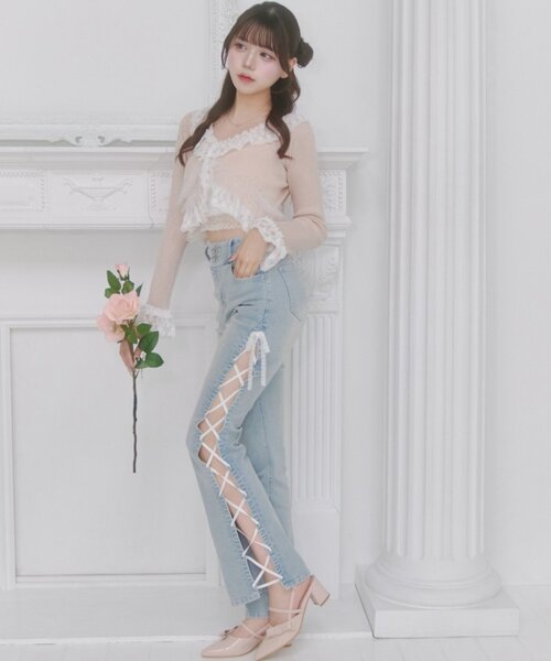 OLIVE des OLIVE(オリーブデオリーブ)の「【Belle Charme】Side Lace-up Flare Denim(デニムパンツ・レディース・グレー/サックスブルー/ブラック・SMALL/MEDIUM/LARGE)」の1枚目の写真