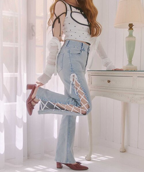 Belle Charme】Side Lace-up Flare Denim（デニムパンツ）｜OLIVE des