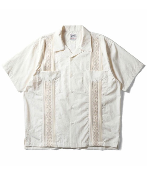 HOUSTON（ヒューストン）の「HOUSTON ヒューストン BOTANICAL EMB CUBA SHIRT ボタニカル 刺繍 キューバシャツ 半袖 オープンカラー 開襟シャツ（シャツ/ブラウス・メンズ・ブラック/ブルー/オフホワイト・XL/L/M）」の2枚目の写真